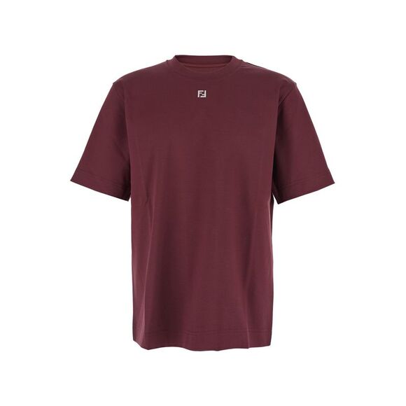 Fendi Men Bordeaux Crewneck T-Shirt With Ff Plaque On The Front In Cotton Man